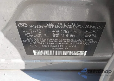 2013 Hyundai Sonata Gls z USA, uszkodzony, nr VIN 5NPEB4AC8DH567064